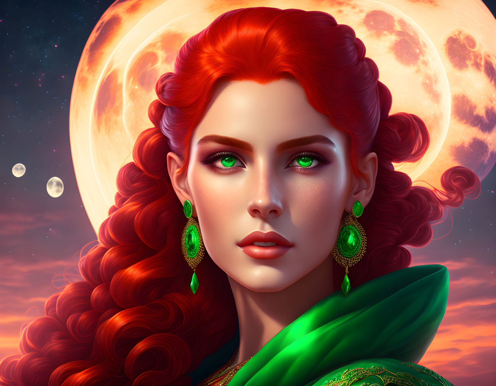 Digital portrait of woman with red hair and green eyes against moon and stars