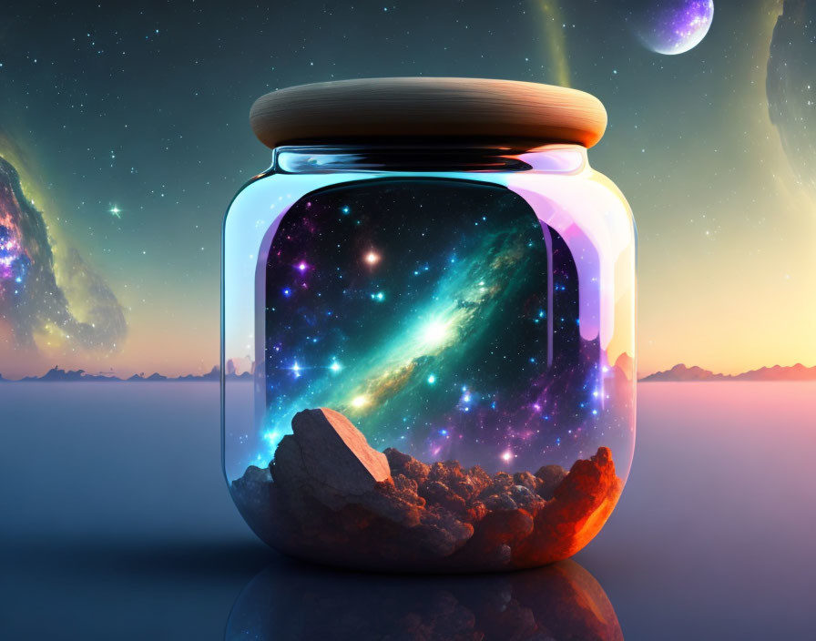 Glass Jar with Wooden Lid Holding Vibrant Cosmic Scene