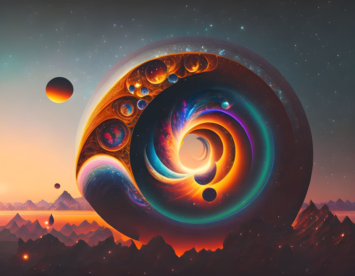 Abstract Cosmic Scene with Celestial Bodies and Swirling Patterns