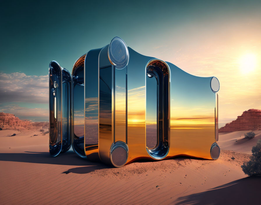 Surreal metallic structure in desert landscape at sunset