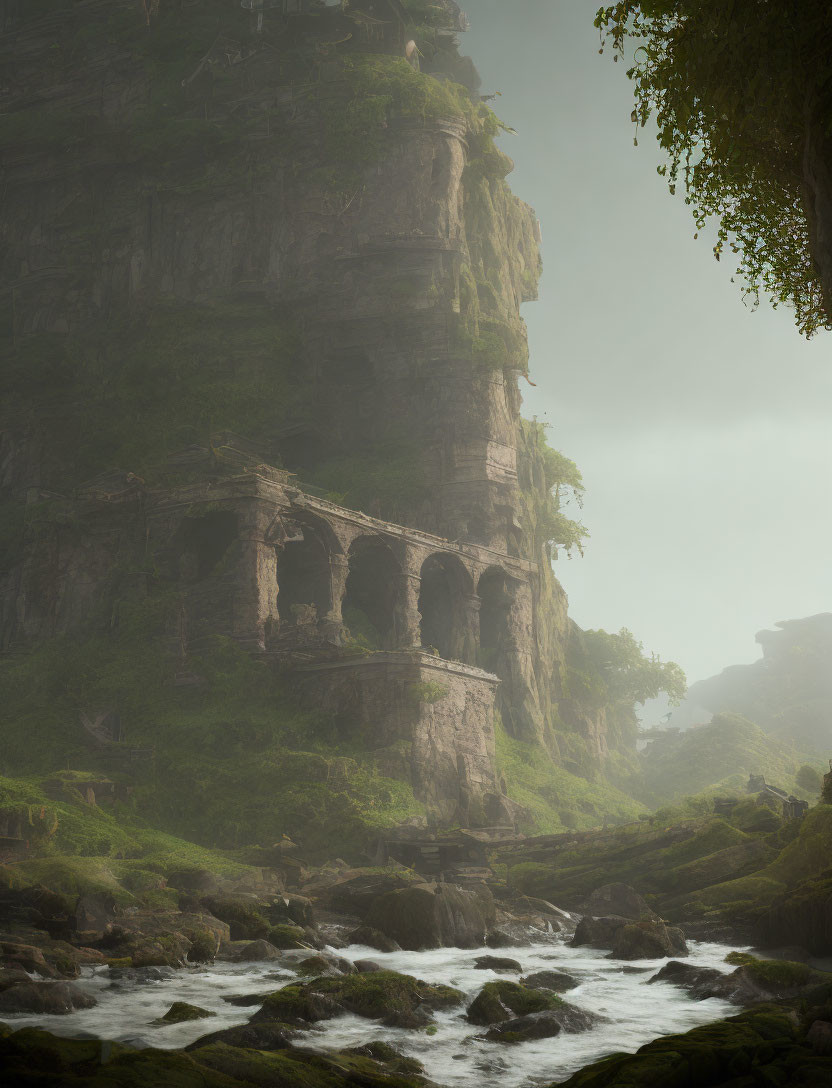 Scenic misty landscape with river, ancient ruins, and lush greenery