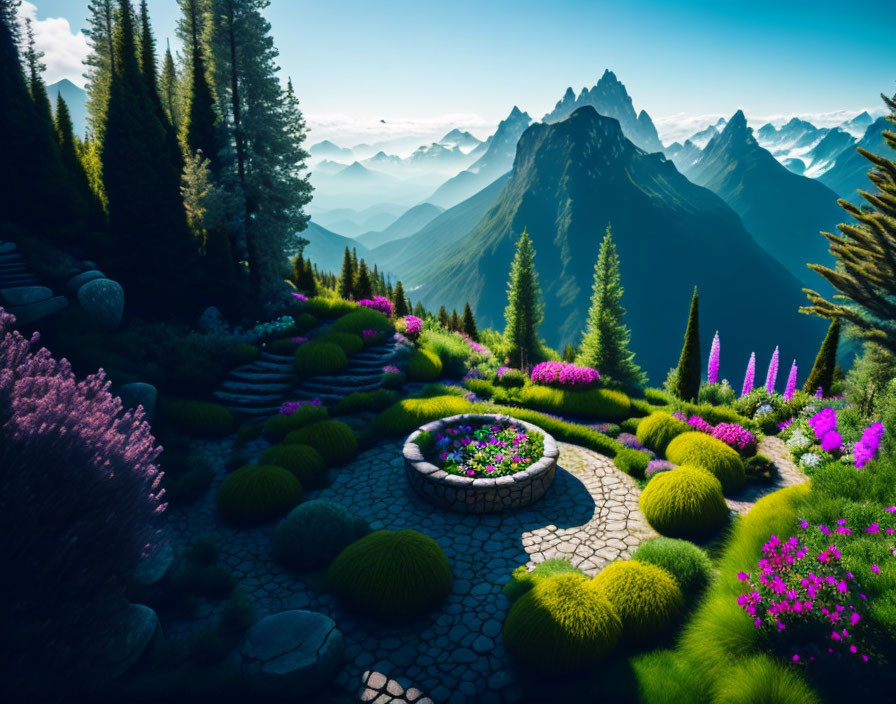 Scenic garden with stone path, lush greenery, colorful flowers, mountains, blue sky
