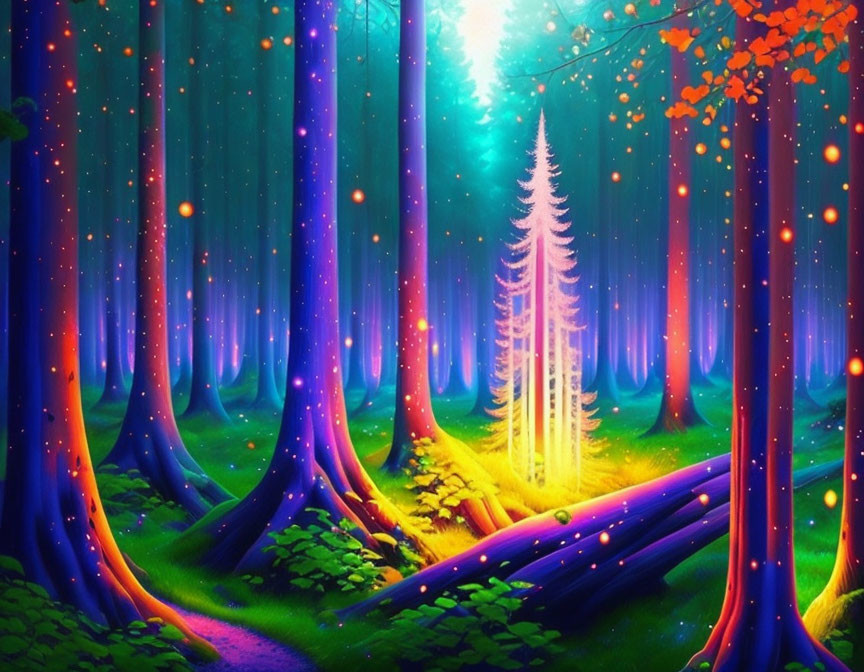 Enchanted forest with glowing trees and magical orbs.