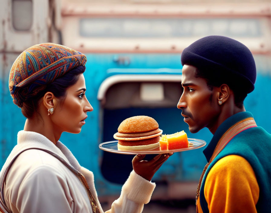Woman in colorful headwrap serves burger and dessert to man in beret in retro outfits