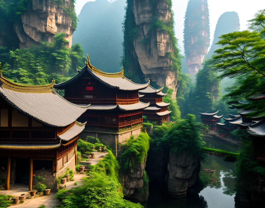 Asian architecture with multi-tiered pagoda roofs by river and misty mountains