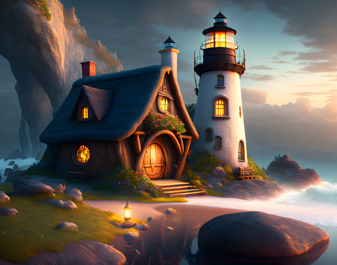 Scenic lighthouse and cottage by the sea at sunset