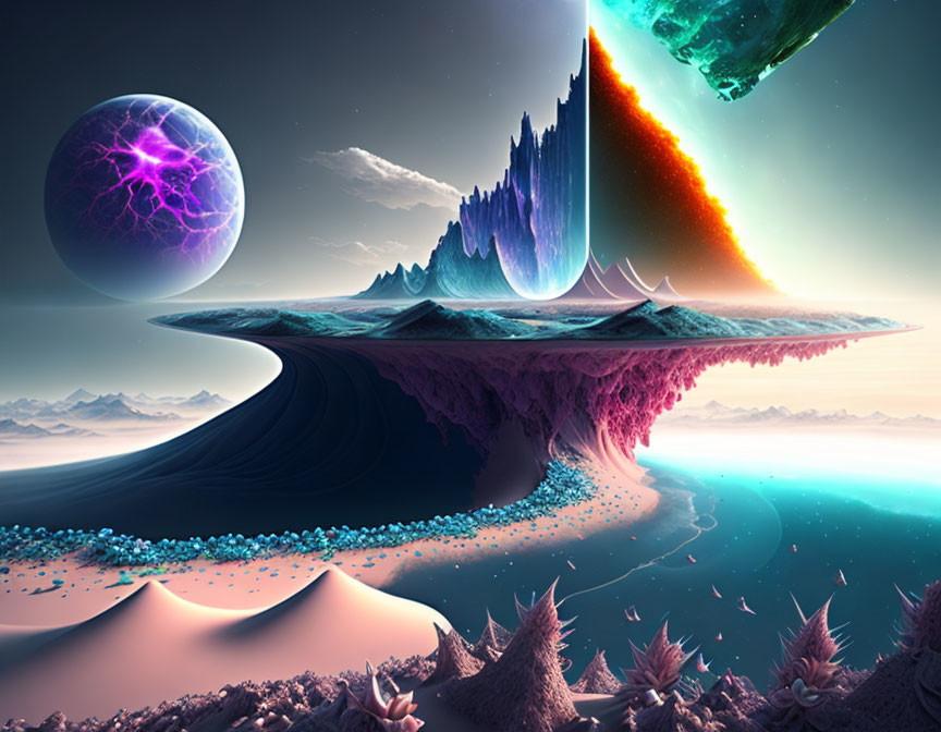 Surreal landscape with floating landmasses, plasma sphere, vibrant terrains, and two planets