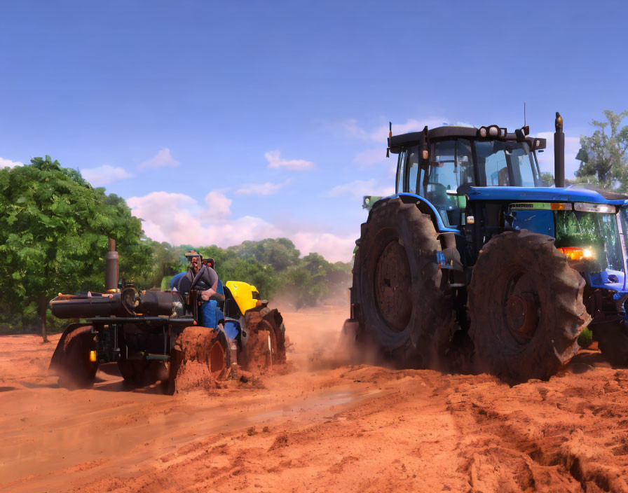 Farmer in hat drives blue tractor in dusty field under clear sky