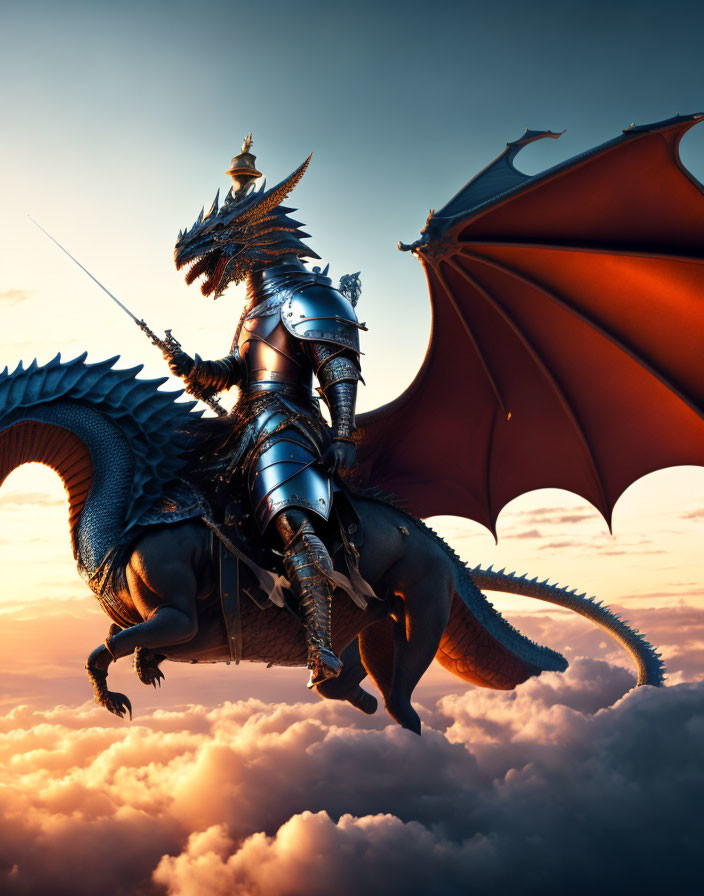 Armored knight rides dragon above clouds at sunset