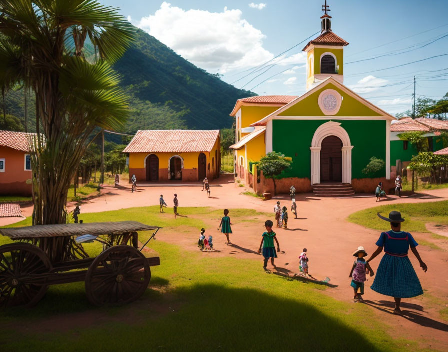 Colorful village scene with church, traditional attire, children playing, wooden cart, and mountain backdrop