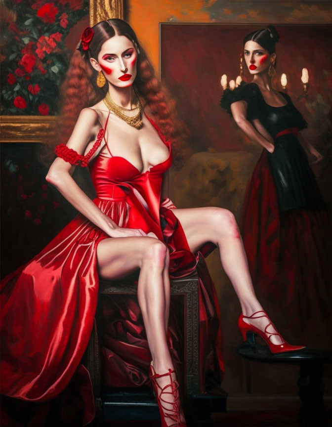 Two women in elegant dresses in a lavish red-draped room