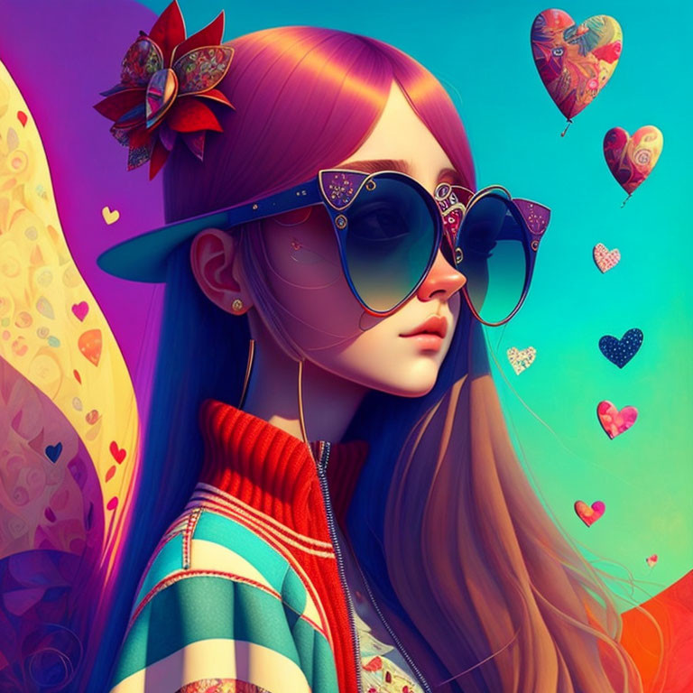 Colorful illustration of girl with pink hair and sunglasses, hearts and butterfly wings.
