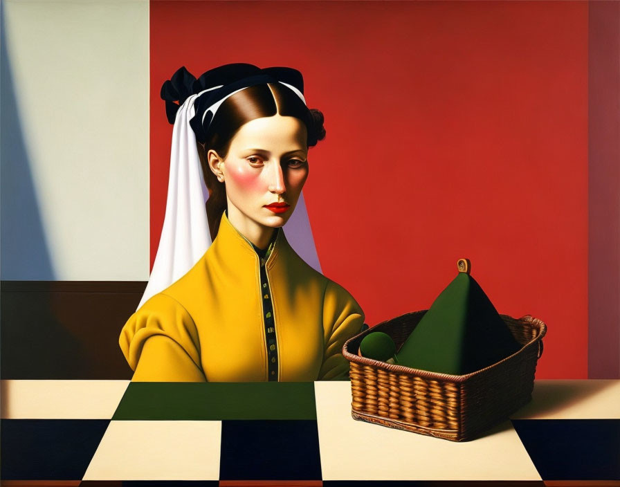 Colorful portrait of woman with headscarf and basket on checkered surface