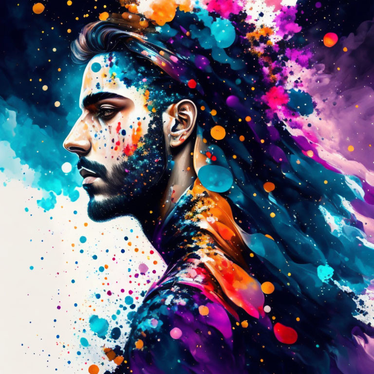 Colorful digital art portrait of a bearded man with cosmic splashes and dots.