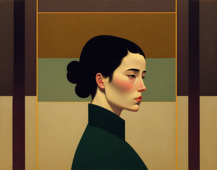 Profile portrait of woman with stylized bun against geometric earthy background