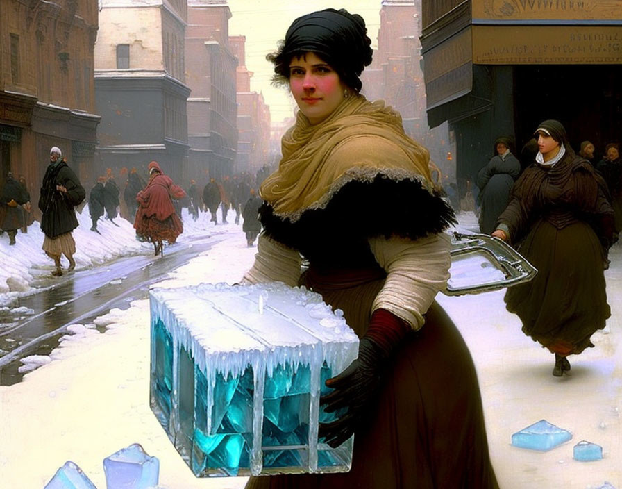 Historical winter scene: Woman carries large ice block in snowy street