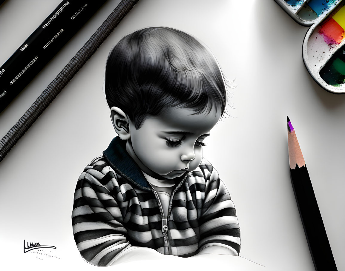 Monochrome child illustration with striped outfit and art supplies