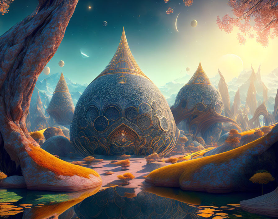 Fantasy landscape with dome-shaped structures, alien flora, serene water, floating rocks, and celestial bodies