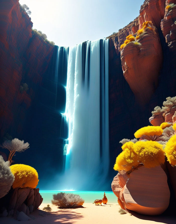Majestic waterfall on red cliff with azure pool and orange flora