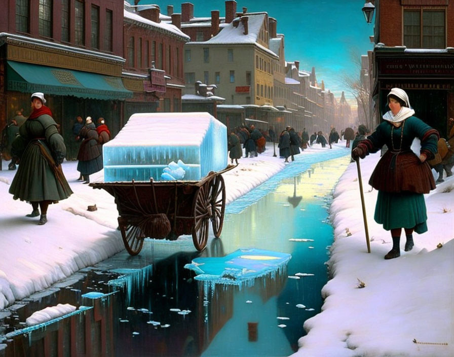 19th-Century Street Scene with Ice Transport by Horse-Drawn Cart