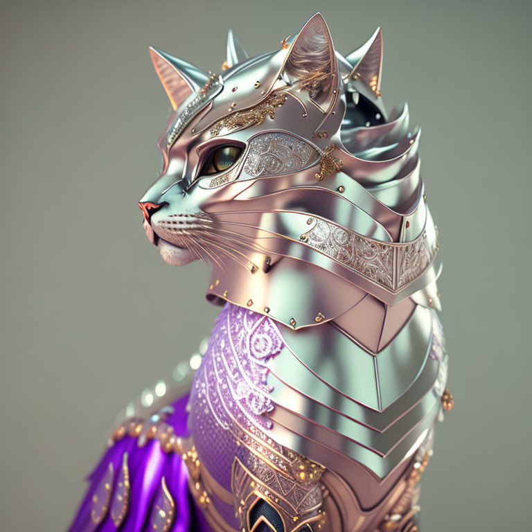 Ornate metallic armor cat digital artwork with gold and violet details