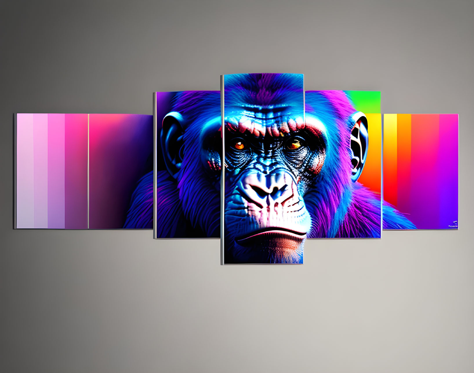 Vibrant five-panel gorilla face wall art with multicolored gradient background