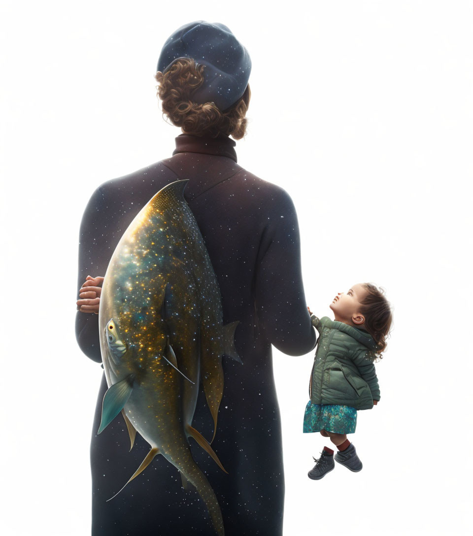 Person in Starry Cosmos Outfit Holds Large Fish, Child in Green Coat Looks Up