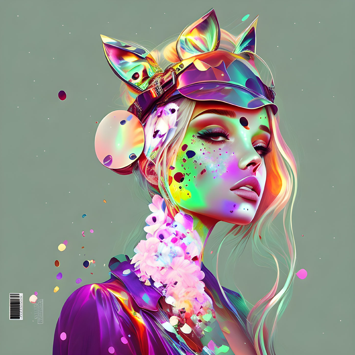 Colorful digital portrait of woman with whimsical makeup and cat-ear headpiece, surrounded by paint