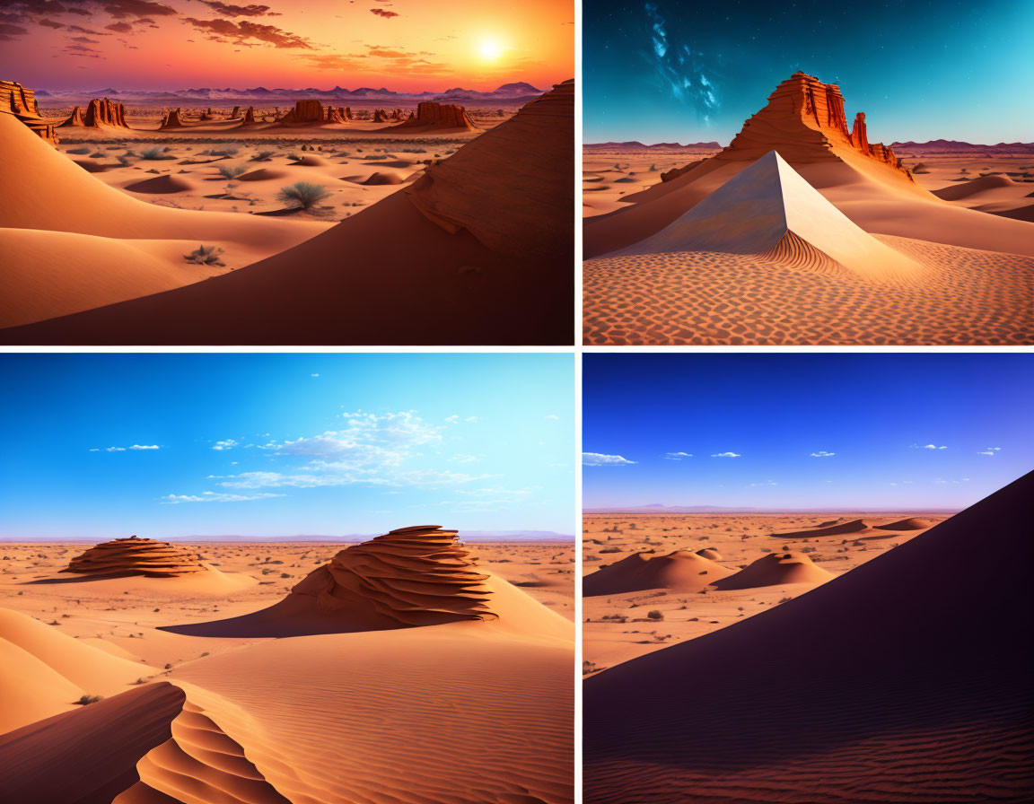 Desert landscapes with sand dunes in various lighting conditions
