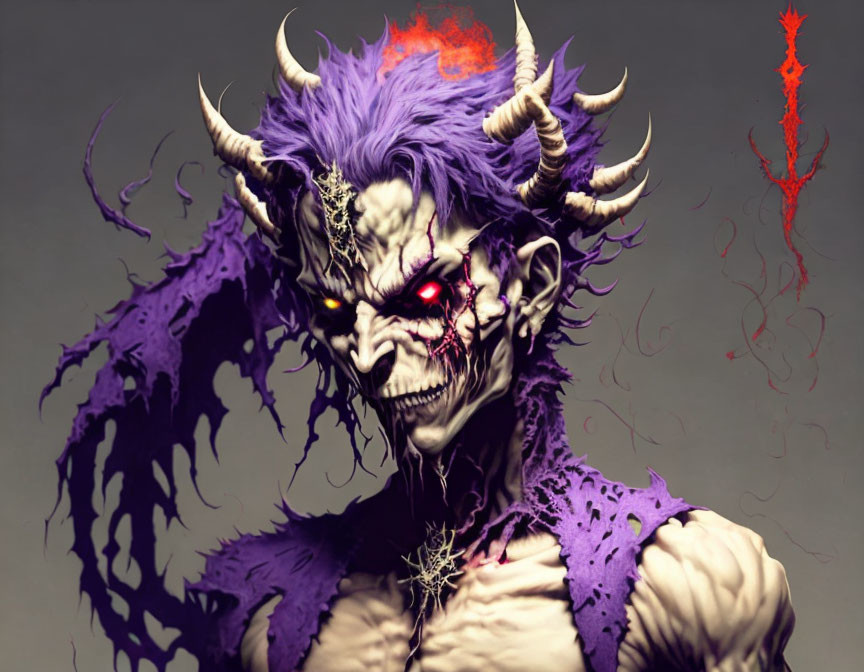 Purple-haired demon with glowing eyes and horns in tattered clothing