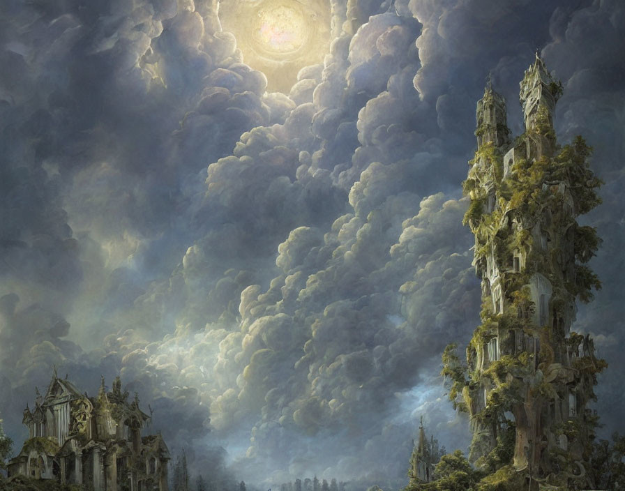 Ethereal fantasy landscape with towering spire-like structures under luminous moon
