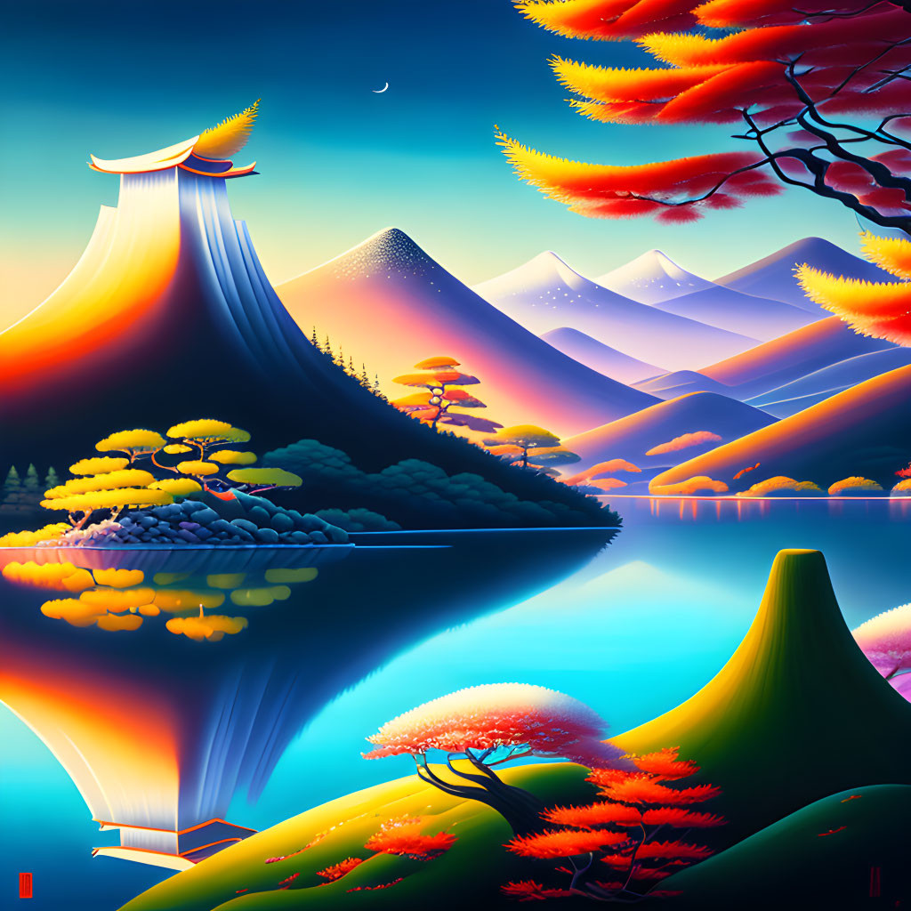 Digital artwork of Japanese landscape with autumn trees, mountains, pagoda, and twilight sky.