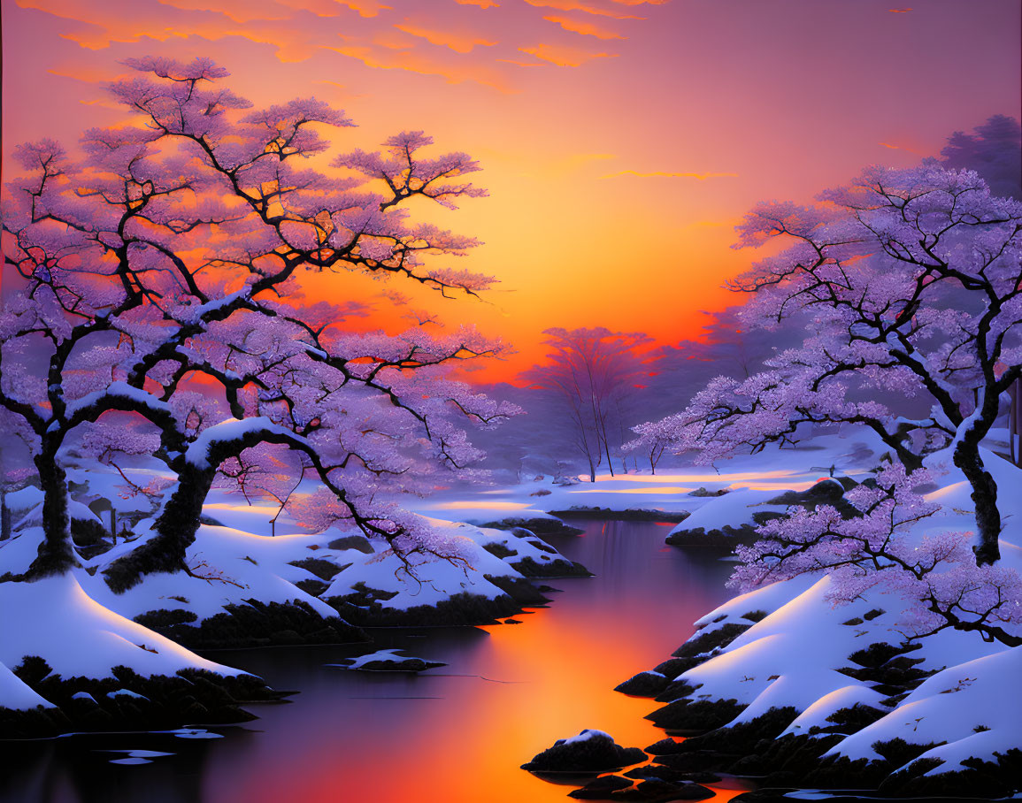 Winter scenery with cherry blossoms in orange sunset over river.