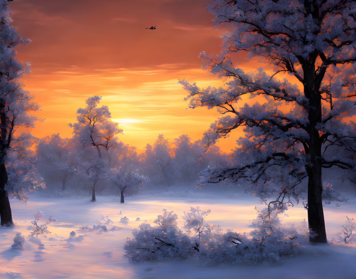 Snow-covered trees under colorful winter sky with flying bird