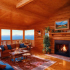 Rustic log cabin interior with fireplace, wooden walls, warm lighting, and mountain sunset view.