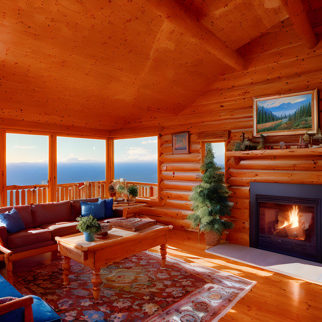 Rustic log cabin interior with fireplace, wooden walls, warm lighting, and mountain sunset view.