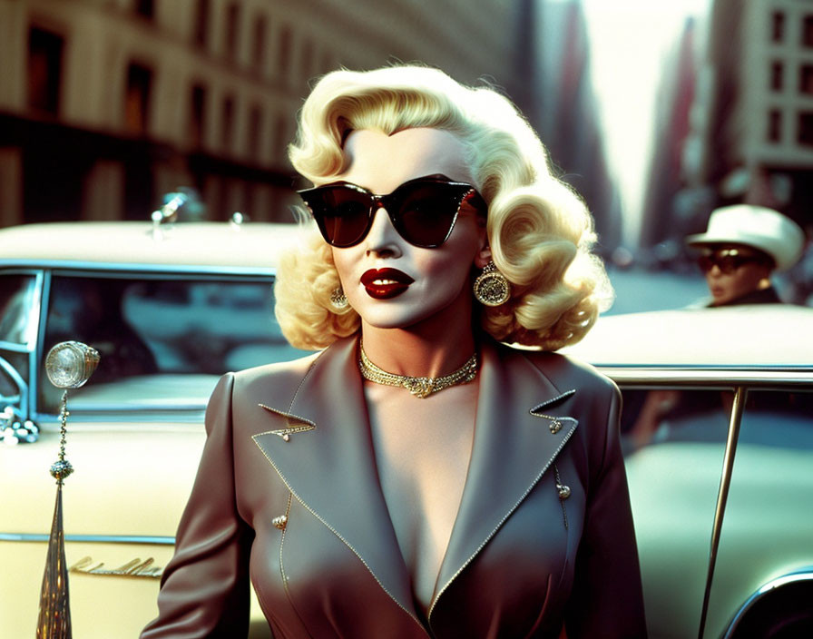 Stylized portrait of glamorous woman with vintage blonde hair, sunglasses, red lipstick, taupe outfit