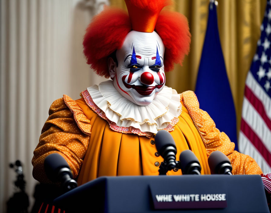 Clown with White Face Paint and Red Nose at "THE WHITE HOUSE" Podium