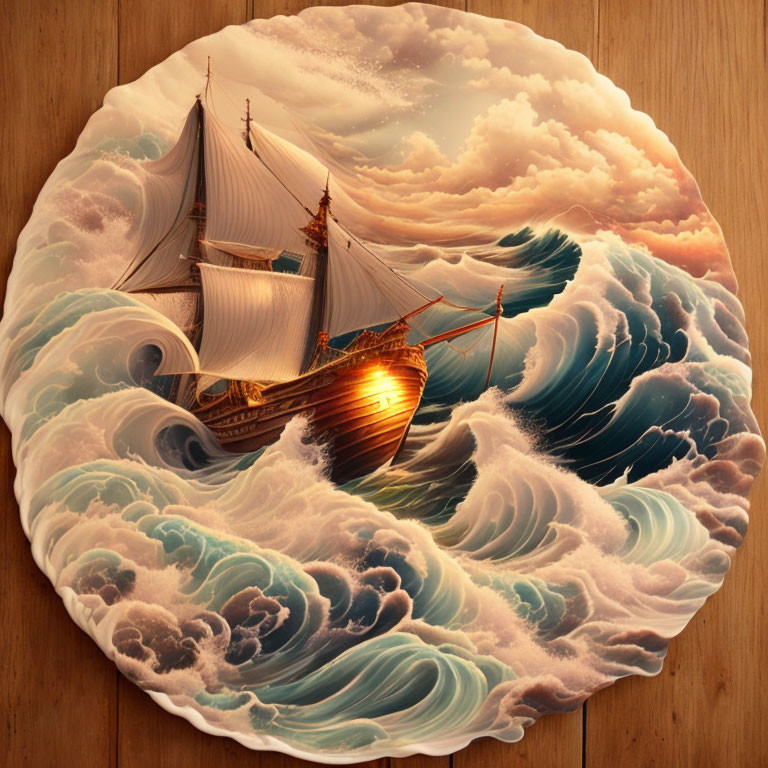 Circular Artwork: Sailing Ship on Turbulent Seas with Dramatic Sky