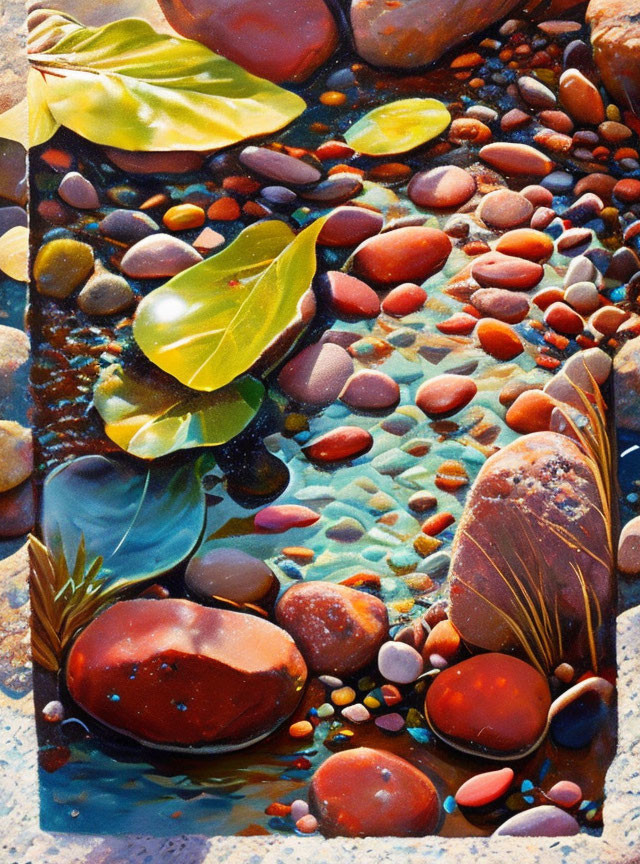 Colorful Sunlit Stream with Clear Water and Smooth Stones