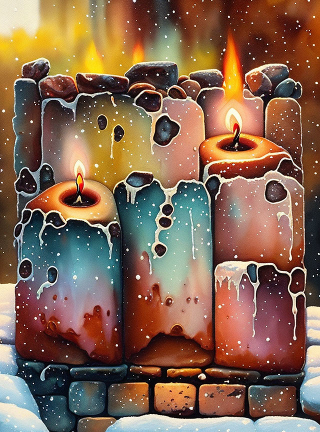 Melted wax candles glowing on stone bricks in wintry background