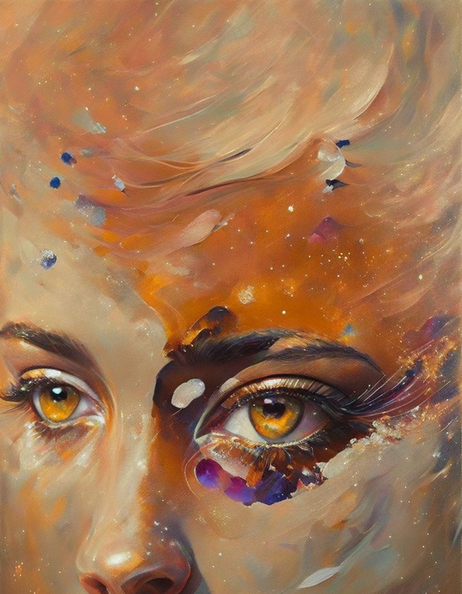 Cosmic-themed close-up of woman's face with warm tones and stars.