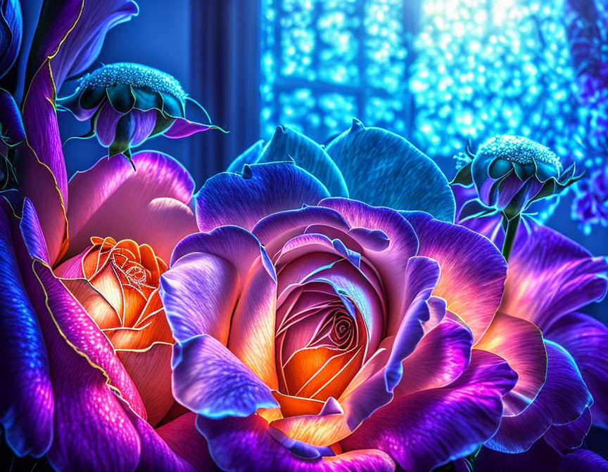 Digitally enhanced purple and blue roses under neon lighting on blurred window backdrop