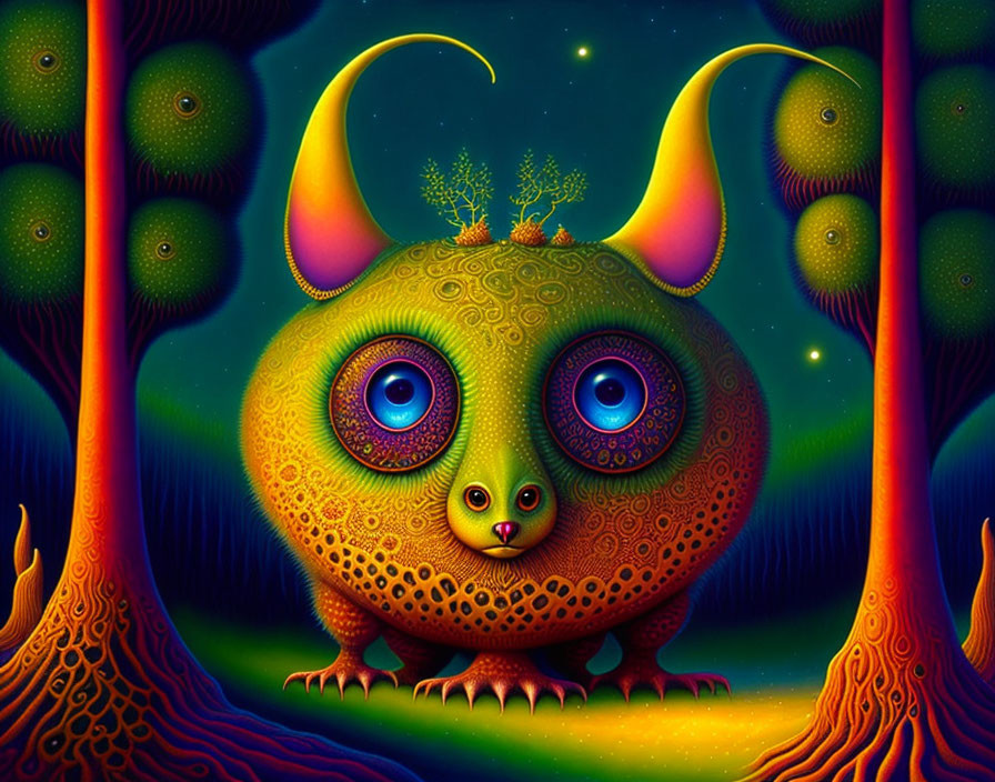 Colorful creature with blue eyes in alien forest