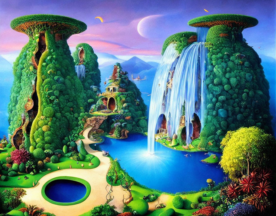 Fantasy landscape with green hills, waterfalls, colorful plants, and whimsical architecture at twilight