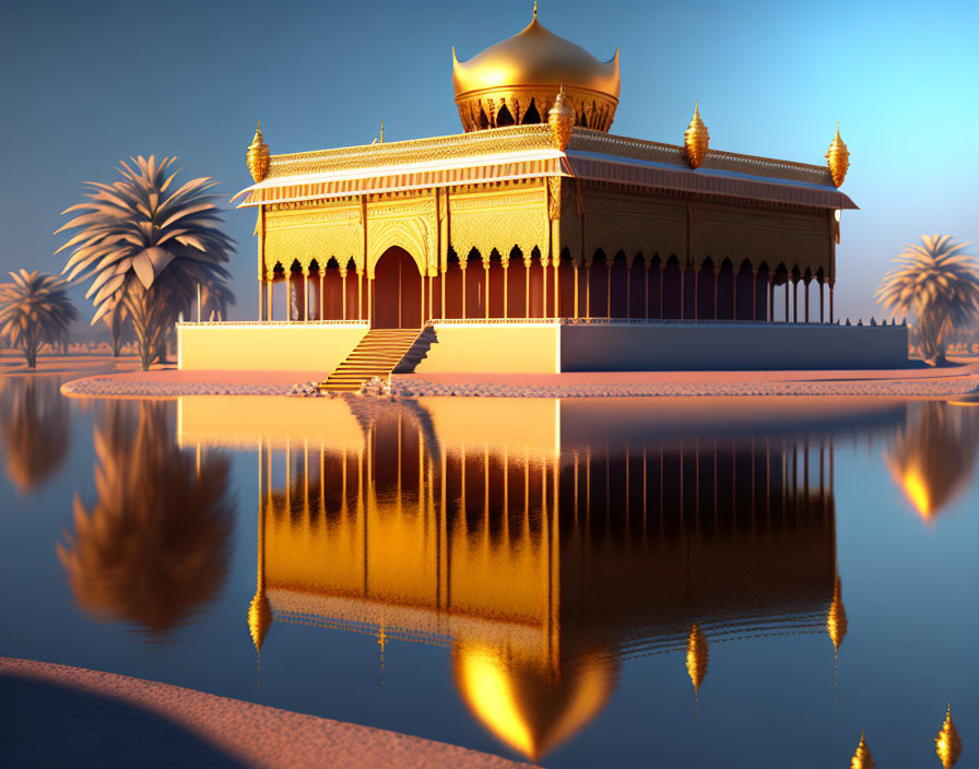 Sunset view of golden palace with domes near water, palm trees, and entrance stairs.