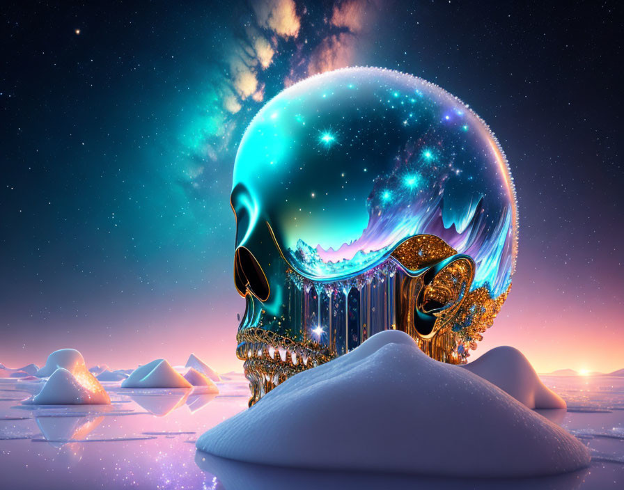 Skull digital artwork with cosmic and baroque details on icy landscape