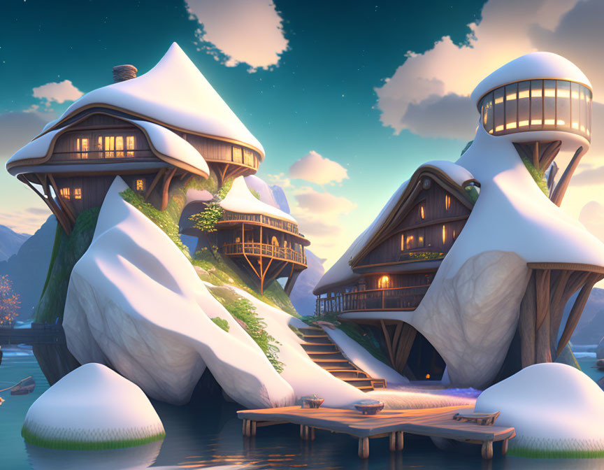 Fantasy-style houses on rocky terrain with snowy roofs and wooden features by serene water at twilight