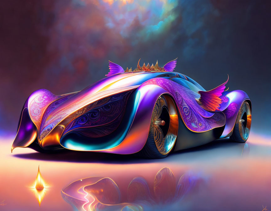 Fantastical, Vibrantly Colored Vehicle on Glossy Surface
