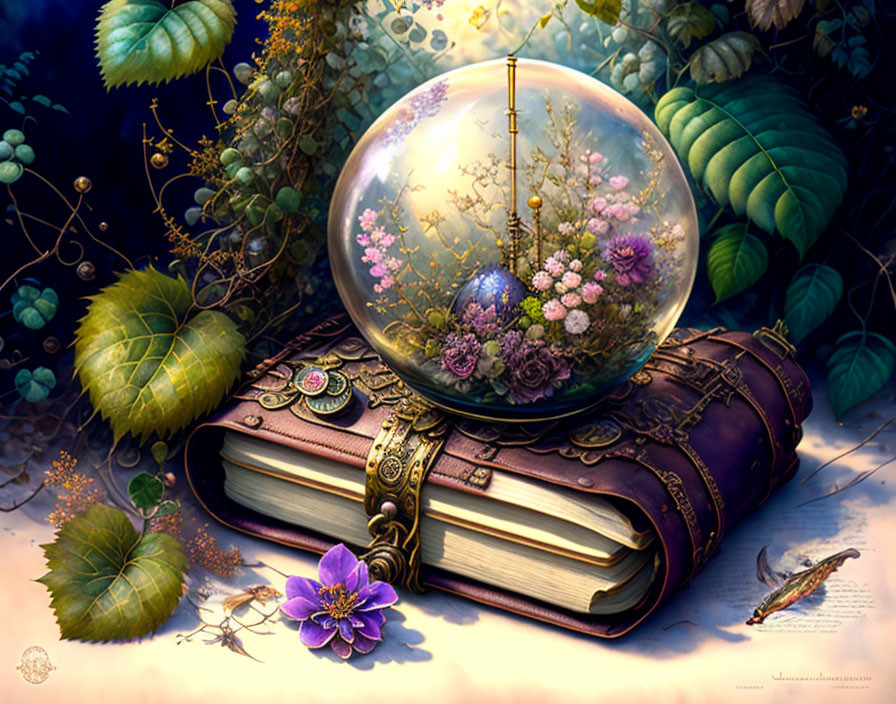 Crystal ball with flowers on ornate book in lush greenery with quill, inkwell, and